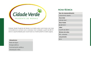 Ficha Técnica
Cidade Verde Prudente de Morais é um bairro para você morar com mais
conveniência e contato com a natureza. Com unidades a partir de 250 m²,
esta é a oportunidade para você morar ou investir próximo à Sete Lagoas.
Tipo do empreendimento:
Loteamento aberto
Área total:
478.945,18m²
Área Verde:
80.289,29m²
Lotes:
a partir de 250m²
Número de Lotes:
995 unidades
Lançamento:
2014
Infraestrutura
Rede de água
Energia elétrica
Pavimentação asfáltica
Arborização viária
 