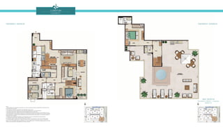 Cobertura
coluna 01
Área Privativa
Pavimento Inferior + Superior
264,61m2
Pavimento Inferior Pavimento superior
Notas:
1. Planta Ilustrativa com sugestão de decoração. Os móveis, bancadas de madeira, equipamentos e divisórias não são
parte integrantes do contrato.
2. As cotas são medidas de eixo podendo sofrer alterações durante a obra.
3. Os revestimentos a serem utilizados na construção estão especificados no memorial descritivo.
4. Esta planta poderá sofrer variações decorrentes de exigências técnicas e estruturais.
5. Esta planta poderá sofrer variações decorrentes do atendimento das posturas municipais, concessionárias e do local.
6. Os evaporadores e condensadores do sistema de ar condicionado da sala do pavimento inferior e do hall do pavimento
superior (aquisição e instalação de responsabilidade dos adquirentes) poderão sofrer ajustes ou mudanças de posição e
quantidade, caso necessário.
7. O sistema de ar-condicionado projetado nas unidades atende a única e exclusivamente à opção de planta.
8. As presentes plantas ilustram referencialmente o apartamento 601.
9. O kit piscina, deck e chuveiro não é parte integrante do contrato, e será oferecido no Flex On do empreendimento.
10. Conforme Projeto Legal aprovado, o edifício é composto de dez pavimentos, sendo eles: Subsolo, 1º Pavimento
(Térreo), 2º ao 6º Pavimentos Tipo (correspondente ao 1º ao 5º Andares Tipo), 7º Pavimento (correspondente ao 6º Andar),
Cobertura (correspondente à Dependência do 6º Andar) e Telhado.
 