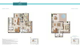 Cobertura
coluna 05
Área Privativa
Pavimento Inferior + Superior
175,60m2
Pavimento Inferior Pavimento superior
Notas:
1. Planta Ilustrativa com sugestão de decoração. Os móveis, bancadas de madeira, equipamentos e divisórias não são
parte integrantes do contrato.
2. As cotas são medidas de eixo podendo sofrer alterações durante a obra.
3. Os revestimentos a serem utilizados na construção estão especificados no memorial descritivo.
4. Esta planta poderá sofrer variações decorrentes de exigências técnicas e estruturais.
5. Esta planta poderá sofrer variações decorrentes do atendimento das posturas municipais, concessionárias e do local.
6. Os evaporadores e condensadores do sistema de ar condicionado da sala do pavimento inferior e da sala do pavimento
superior (aquisição e instalação de responsabilidade dos adquirentes) poderão sofrer ajustes ou mudanças de posição e
quantidade, caso necessário.
7. O sistema de ar-condicionado projetado nas unidades atende a única e exclusivamente à opção de planta.
8. As presentes plantas ilustram referencialmente o apartamento 605.
9. O kit piscina, deck e chuveiro não é parte integrante do contrato, e será oferecido no Flex On do empreendimento.
10. Conforme Projeto Legal aprovado, o edifício é composto de dez pavimentos, sendo eles: Subsolo, 1º Pavimento
(Térreo), 2º ao 6º Pavimentos Tipo (correspondente ao 1º ao 5º Andares Tipo), 7º Pavimento (correspondente ao 6º Andar),
Cobertura (correspondente à Dependência do 6º Andar) e Telhado.
 