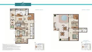 Cobertura
coluna 07
Área Privativa
Pavimento Inferior + Superior
188,63m2
Pavimento Inferior Pavimento superior
Notas:
1. Planta Ilustrativa com sugestão de decoração. Os móveis, bancadas de madeira, equipamentos e divisórias não são
parte integrantes do contrato.
2. As cotas são medidas de eixo podendo sofrer alterações durante a obra.
3. Os revestimentos a serem utilizados na construção estão especificados no memorial descritivo.
4. Esta planta poderá sofrer variações decorrentes de exigências técnicas e estruturais.
5. Esta planta poderá sofrer variações decorrentes do atendimento das posturas municipais, concessionárias e do local.
6. Os evaporadores e condensadores do sistema de ar condicionado da sala do pavimento inferior e da sala do pavimento
superior (aquisição e instalação de responsabilidade dos adquirentes) poderão sofrer ajustes ou mudanças de posição e
quantidade, caso necessário.
7. O sistema de ar-condicionado projetado nas unidades atende a única e exclusivamente à opção de planta.
8. As presentes plantas ilustram referencialmente o apartamento 607.
9. O kit piscina, deck e chuveiro não é parte integrante do contrato, e será oferecido no Flex On do empreendimento.
10. Conforme Projeto Legal aprovado, o edifício é composto de dez pavimentos, sendo eles: Subsolo, 1º Pavimento
(Térreo), 2º ao 6º Pavimentos Tipo (correspondente ao 1º ao 5º Andares Tipo), 7º Pavimento (correspondente ao 6º Andar),
Cobertura (correspondente à Dependência do 6º Andar) e Telhado.
 