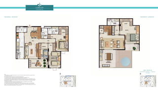 Cobertura
coluna 09
Área Privativa
Pavimento Inferior + Superior
176,42m2
Pavimento Inferior Pavimento superior
Notas:
1. Planta Ilustrativa com sugestão de decoração. Os móveis, bancadas de madeira, equipamentos e divisórias não são
parte integrantes do contrato.
2. As cotas são medidas de eixo podendo sofrer alterações durante a obra.
3. Os revestimentos a serem utilizados na construção estão especificados no memorial descritivo.
4. Esta planta poderá sofrer variações decorrentes de exigências técnicas e estruturais.
5. Esta planta poderá sofrer variações decorrentes do atendimento das posturas municipais, concessionárias e do local.
6. Os evaporadores e condensadores do sistema de ar condicionado da sala do pavimento inferior e da sala do pavimento
superior (aquisição e instalação de responsabilidade dos adquirentes) poderão sofrer ajustes ou mudanças de posição e
quantidade, caso necessário.
7. O sistema de ar-condicionado projetado nas unidades atende a única e exclusivamente à opção de planta.
8. As presentes plantas ilustram referencialmente o apartamento 609.
9. O kit piscina, deck e chuveiro não é parte integrante do contrato, e será oferecido no Flex On do empreendimento.
10. Conforme Projeto Legal aprovado, o edifício é composto de dez pavimentos, sendo eles: Subsolo, 1º Pavimento
(Térreo), 2º ao 6º Pavimentos Tipo (correspondente ao 1º ao 5º Andares Tipo), 7º Pavimento (correspondente ao 6º Andar),
Cobertura (correspondente à Dependência do 6º Andar) e Telhado.
 