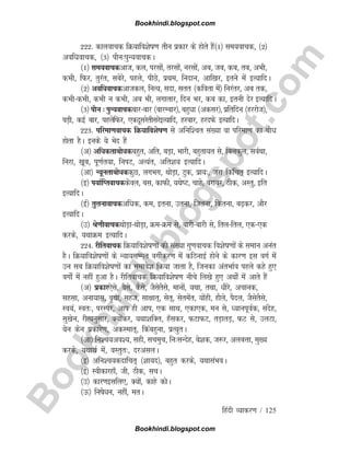 B
o
o
k
h
i
n
d
i
.
b
l
o
g
s
p
o
t
.
c
o
m
fganh O;kdj.k / 125
222- dkyokpd fØ;kfo'ksk.k rhu izdkj ds gksrs gSa¼1½ le;okpd] ¼2½
vofèkokpd] ¼3½ ikSu%iqU;okpdA
¼1½ le;okpdvkt] dy] ijlksa] rjlksa] ujlksa] vc] tc] dc] rc] vHkh]
dHkh] fQj] rqjar] lcsjs] igys] ihNs] izFke] funku] vkf[kj] brus esa bR;kfnA
¼2½ vofèkokpdvktdy] fuR;] lnk] lrr ¼dfork esa½ fujarj] vc rd]
dHkhdHkh] dHkh u dHkh] vc Hkh] yxkrkj] fnu Hkj] dc dk] bruh nsj bR;kfnA
¼3½ ikSu % iqU;okpdckjckj ¼ckjEckj½] cgqèkk ¼vdlj½] izfrfnu ¼gjjkst½]
?kM+h] dbZ ckj] igysfQj] ,dnwljsrhljsbR;kfn] gjckj] gjnQs bR;kfnA
223- ifjek.kokpd fØ;kfo'ksk.k ls vfuf'pr la[;k ok ifjek.k dk cksèk
gksrk gSA buds ;s Hksn gSa
¼v½ vfèkdrkcksèkdcgqr] vfr] cM+k] Hkkjh] cgqrk;r ls] fcydqy] loZFkk]
fujk] [kwc] iw.kZr;k] fuiV] vR;ar] vfr'k; bR;kfnA
¼vk½ U;wurkcksèkddqN] yxHkx] FkksM+k] Vqd] izk;%] tjk fdafpr~ bR;kfnA
¼b½ i;kZfIrokpddsoy] cl] dkQh] ;FksV] pkgs] cjkcj] Bhd] vLrq] bfr
bR;kfnA
¼bZ½ rqyukokpdvfèkd] de] bruk] mruk] ftruk] fdruk] c+dj] vkSj
bR;kfnA
¼m½ Js.khokpdFkksM+kFkksM+k] ØeØe ls] ckjhckjh ls] fryfry] ,d,d
djds] ;FkkØe bR;kfnA
224- jhfrokpd fØ;kfo'ksk.kksa dh la[;k xq.kokpd fo'ksk.kksa ds leku vuar
gSA fØ;kfo'ksk.kksa ds U;k;lEer oxhZdj.k esa dfBukbZ gksus ds dkj.k bl oxZ esa
mu lc fØ;kfo'ksk.kksa dk lekos'k fd;k tkrk gS] ftudk varHkkZo igys dgs gq,
oxks± esa ugha gqvk gSA jhfrokpd fØ;kfo'ksk.k uhps fy[ks gq, vFkks± esa vkrs gSa
¼v½ izdkj,sls] oSls] dSls] tSlsrSls] ekuksa] ;Fkk] rFkk] èkhjs] vpkud]
lglk] vuk;kl] o`Fkk] lgt] lk{kkr~] lsr~] lsresar] ;ksagh] gkSys] iSny] tSlsrSls]
Lo;a] Lor%] ijLij] vki gh vki] ,d lkFk] ,dk,d] eu ls] è;kuiwoZd] lansg]
lq[ksu] jhR;uqlkj] D;ksadj] ;Fkk'kfDr] g¡ldj] QVkQV] rM+krM+] QV ls] myVk]
;su dsu izdkjs.k] vdLekr~] fdacgquk] izR;qrA
¼vk½ fu'p;vo';] lgh] lpeqp] fu%lUnsg] cs'kd] t:j] vycÙkk] eq[;
djds] ;FkkFkZ esa] oLrqr%] njvlyA
¼b½ vfu'p;dnkfpr~ ¼'kk;n½] cgqr djds] ;FkklaHkoA
¼bZ½ Lohdkjgk¡] th] Bhd] lpA
¼m½ dkj.kblfy,] D;ksa] dkgs dksA
¼Å½ fuksèku] ugha] erA
Bookhindi.blogspot.com
Bookhindi.blogspot.com
 