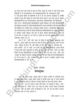 B
o
o
k
h
i
n
d
i
.
b
l
o
g
s
p
o
t
.
c
o
m
fganh O;kdj.k / 135
dk o.kZu dky vkSj LFkku ds Kku ds fcuk vèkwjk gh jgrk gSA fQj ftl izdkj
fo'ksk.kksa ds nks Hksnxq.kokpd vkSj la[;kokpdekuus dh vko';drk iM+rh
gS] mlh izdkj fØ;k ds fo'ksk.kksa ds Hkh ;s nks Hksn ekuuk vko';d gS( D;ksafd
O;ogkj esa xq.k vkSj la[;k dk varj lnSo ekuk tkrk gSA bl rjg vFkZ ds vuqlkj
fØ;kfo'ksk.kksa ds pkj Hksndkyokpd] LFkkuokpd] ifjek.kokpd vkSj jhfrokpd
ekus x, gSaA ifjek.kokpd fØ;kfo'ksk.k cgq/kk fo'ksk.k vkSj nwljs fØ;kfo'ksk.kksa
dh fo'kskrk crykrs gSa] ftlls fØ;kfo'ksk.kksa ds y{k.k esa fo'ksk.k vkSj fØ;kfo'ksk.k
dh fo'kskrk dk mYys[k djuk vko';d lek tkrk gSA dkyokpd] LFkkuokpd
vkSj ifjek.kokpd 'kCnksa dh la[;k jhfrokpd fØ;kfo'ksk.kksa dh vis{kk cgqr FkksM+h
gS] blfy, mudks NksM+dj 'ksk 'kCn ds fcuk vf/kd lkspfopkj ds igys oxZ
esa j[k fn, tk ldrs gSaA bu pkjksa ds miHksn Hkh vFkZ dh lw{erk crkus ds fy,
;FkkLFkku crk, x, gSaA
var esa ^gk¡*] ^ugha* vkSj ^D;k* ds lacaèk esa dqN fy[kuk vko';d tku
iM+rk gSA budk iz;ksx iz'u djus ds lacaèk eas fd;k tkrk gSA iz'u djus ds fy,
^D;k*] Lohdkj ds fy, ^gk¡* vkSj fuksèk ds fy, ugha* vkrk gS] tSls^D;k rqe
ckgj pyksxs* ^gk¡* ;k ^ugha*A bu 'kCnksa dks dksbZ foLe;kfncksèkd vO;; ekurs
gSa ijarq buesa nksuksa 'kCnkHksnksa ds y{k.k iwjsiwjs ?kfVr ugha gksrsA ^ugha* dk iz;ksx
fo/ks; ds lkFk fØ;kfo'ksk.k ds leku gksrk gS] vkSj ^gk¡* 'kCn ^lp*] ^Bhd* vkSj
^vo';* ds i;kZ; esa vkrk gS] blfy, bu nksuksa ¼gk¡ vkSj ugha½ dks geus fØ;kfo'ksk.k
ds oxZ esa j[kk gSA ^D;k* lEcksèku ds vFkZ esa vkrk gS] blfy, bldh x.kuk
foLe;kfncksèkdksa esa dh xbZ gSA
nwljk v/;k;
lacaèklwpd
229- tks vO;; laKk ¼vFkok laKk ds leku mi;ksx esa vkusokys 'kCn½
ds cgqèkk ihNs vkdj mldk lacaèk okD; ds fdlh nwljs 'kCn ds lkFk feykrk
gS mls lacaèklwpd dgrs gSa( tSls^èku ds fcuk fdlh dk dke ugha pyrk* ukSdj
xk¡o rd x;k*] ^jkr Hkj tkxuk vPNk ugha gksrk*( bu okD;ksa esa ^fcuk*] ^rd*]
^Hkj* lacaèklwpd gSaA ^fcuk* 'kCn ^èku* laKk dk lacaèk ^pyrk* fØ;k ls feykrk
gSA ^rd* ^xk¡o* dk lacaèk ^x;k* ls feykrk gS( vkSj ^Hkj* jkr dk lacaèk ^tkxrk*
fØ;kFkZd laKk ds lkFk tksM+rk gSA
Bookhindi.blogspot.com
Bookhindi.blogspot.com
 