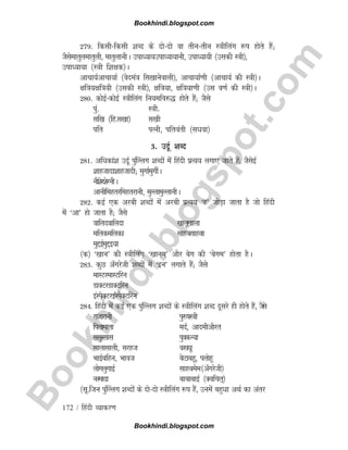 B
o
o
k
h
i
n
d
i
.
b
l
o
g
s
p
o
t
.
c
o
m
172 / fganh O;kdj.k
279- fdlhfdlh 'kCn ds nksnks ok rhurhu L=khfyax :i gksrs gSa(
tSlsekrqyekrqyh] ekrqykuhA mikè;k;mikè;k;kuh] mikè;k;h ¼mldh L=kh½]
mikè;k;k ¼L=kh f'k{kd½A
vkpk;Zvkpk;kZ ¼osnea=k fl[kkusokyh½] vkpk;kZ.kh ¼vkpk;Z dh L=kh½A
{kf=k;{kf=k;h ¼mldh L=kh½] {kf=k;k] {kf=k;k.kh ¼ml o.kZ dh L=kh½A
280- dksbZdksbZ L=khfyax fu;efo#) gksrs gSa( tSls
iqa- L=kh-
lf[k ¼fg-l[kk½ l[kh
ifr iRuh] ifroarh ¼lèkok½
3- mnwZ 'kCn
281- vfèkdka'k mnZw iaq¯Yyx 'kCnksa esa fganh izR;; yxk, tkrs gSa( tSlsbZ
'kkgtknk'kkgtknh( eqxkZeqxhZA
uh'ksj'ksjuhA
vkuhfegrjfegrjkuh] eqYykeqYykuhA
282- dbZ ,d vjch 'kCnksa esa vjch izR;; ^g* tksM+k tkrk gS tks fganh
esa ^vk* gks tkrk gS( tSls
okfynokfynk [kkyw[kkyk
efydefydk lkgclkgck
eqíbZeqíb;k
¼d½ ^[kku* dh L=khfyax ^[kkue* vkSj csx dh ^csxe* gksrk gSA
283- dqN v¡xjsth 'kCnksa esa ^bu* yxkrs gSa( tSls
ekLVjekLVfju
MkDVjMkDVfju
baLisDVjbaLisDVfju
284- fganh esa dbZ ,d iqa¯Yyx 'kCnksa ds L=khfyax 'kCn nwljs gh gksrs gSa] tSls
jktkjkuh iq#kL=kh
firkekrk enZ] vknehvkSjr
llqjlkl iq=kdU;k
lkyklkyh] ljgt ojoèkw
HkkbZcfgu] Hkkot csVkcgw] irksgw
yksxyqxkbZ lkgcese¼v¡xjsth½
ujeknk ckckckbZ ¼Dofpr~½
¼lw-ftu iqa¯Yyx 'kCnksa ds nksnks L=khfyax :i gSa] muesa cgqèkk vFkZ dk varj
Bookhindi.blogspot.com
Bookhindi.blogspot.com
 