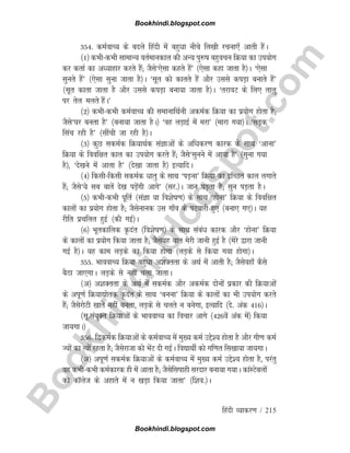 B
o
o
k
h
i
n
d
i
.
b
l
o
g
s
p
o
t
.
c
o
m
fganh O;kdj.k / 215
354- deZokP; ds cnys fganh esa cgqèkk uhps fy[kh jpuk,¡ vkrh gSaA
¼1½ dHkhdHkh lkekU; orZekudky dh vU; iq#k cgqopu fØ;k dk mi;ksx
dj drkZ dk vè;kgkj djrs gSa( tSls^,slk dgrs gSa* ¼,slk dgk tkrk gS½A ^,slk
lqurs gSa* ¼,slk lquk tkrk gS½A ^lwr dks dkrrs gSa vkSj mlls diM+k cukrs gSa*
¼lwr dkrk tkrk gS vkSj mlls diM+k cuk;k tkrk gS½A ^rjkoV ds fy, rkyq
ij rsy eyrs gSaA*
¼2½ dHkhdHkh deZokP; dh lekukfFkZuh vdeZd fØ;k dk iz;ksx gksrk gS(
tSls^?kj curk gS* ¼cuk;k tkrk gSA½ ^og yM+kbZ esa ejk* ¼ekjk x;k½A ^lM+d
flap jgh gS* ¼lhaph tk jgh gS½A
¼3½ dqN ldeZd fØ;kFkZd laKkvksa ds vfèkdj.k dkjd ds lkFk ^vkuk*
fØ;k ds foof{kr dky dk mi;ksx djrs gSa( tSls^lquus esa vk;k gS* ¼lquk x;k
gS½] ^ns[kus esa vkrk gS* ¼ns[kk tkrk gS½ bR;kfnA
¼4½ fdlhfdlh ldeZd èkkrq ds lkFk ^iM+uk* fØ;k dk bfPNr dky yxkrs
gSa( tSls^;s lc ckrsa ns[k iM+saxh vkxs* ¼lj-½A tku iM+rk gS( lqu iM+rk gSA
¼5½ dHkhdHkh iwfrZ ¼laKk ;k fo'ksk.k½ ds lkFk ^gksuk* fØ;k ds foof{kr
dkyksa dk iz;ksx gksrk gS( tSlsukud ml xk¡o ds iVokjh gq, ¼cuk, x,½A ;g
jhfr izpfyr gqbZ ¼dh xbZ½A
¼6½ Hkwrdkfyd Ñnar ¼fo'ksk.k½ ds lkFk lacaèk dkjd vkSj ^gksuk* fØ;k
ds dkyksa dk iz;ksx fd;k tkrk gS( tSls;g ckr esjh tkuh gqbZ gS ¼esjs }kjk tkuh
xbZ gS½A ;g dke yM+ds dk fd;k gksxk ¼yM+ds ls fd;k x;k gksxk½A
355- HkkookP; fØ;k cgqèkk v'kDrrk ds vFkZ esa vkrh gS( tSlsogk¡ dSls
cSBk tk,xkA yM+ds ls ugha pyk tkrkA
¼v½ v'kDrrk ds vFkZ esa ldeZd vkSj vdeZd nksuksa izdkj dh fØ;kvksa
ds viw.kZ fØ;k|ksrd Ñnar ds lkFk ^cuuk* fØ;k ds dkyksa dk Hkh mi;ksx djrs
gSa( tSlsjksVh [kkrs ugha curk] yM+ds ls pyrs u cusxk] bR;kfn ¼ns- vad 416½A
¼lw-la;qDr fØ;kvksa ds HkkookP; dk fopkj vkxs ¼426osa vad esa½ fd;k
tk;xkA½
356- f}deZd fØ;kvksa ds deZokP; esa eq[; deZ mís'; gksrk gS vkSj xkS.k deZ
T;ksa dk R;ksa jgrk gS( tSlsjktk dks HksaV nh xbZA fo|kFkhZ dks xf.kr fl[kk;k tk;xkA
¼v½ viw.kZ ldeZd fØ;kvksa ds deZokP; esa eq[; deZ mís'; gksrk gS] ijarq
og dHkhdHkh deZdkjd gh esa vkrk gS( tSlsflikgh ljnkj cuk;k x;kA dkaLVscyksa
dks dkWyst ds vgkrs esa u [kM+k fd;k tkrk* ¼f'ko-½A
Bookhindi.blogspot.com
Bookhindi.blogspot.com
 