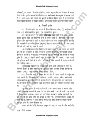 B
o
o
k
h
i
n
d
i
.
b
l
o
g
s
p
o
t
.
c
o
m
224 / fganh O;kdj.k
vfodkjh] ok vO;;A fodkjh Ñnarksa dk iz;ksx cgqèkk laKk ok fo'ksk.k ds leku
gksrk gS vkSj Ñnar vO;; fØ;kfo'ksk.k ok dHkhdHkh lacaèklwpd ds leku vkrs
gSa ¼ns- vad 520½A ;gk¡ dsoy mu Ñnarksa dk fopkj fd;k tkrk gS tks dkyjpuk
rFkk la;qDr fØ;kvksa esa mi;qä gksrs gSaA 'ksk Ñnar O;qRifÙk izdj.k esa fy[ks tk;¡xsA
1- fodkjh Ñnar
371- fodkjh Ñnar pkj izdkj ds gSa¼1½ fØ;kFkZd laKk] ¼2½ drZ`okpd
laKk] ¼3½ orZekudkfyd Ñnar] ¼4½ Hkwrdkfyd ÑnarA
372- èkkrq ds var esa ^uk* tksM+us ls fØ;kFkZd laKk curh gS ¼ns- vad 188v½A
bldk iz;ksx laKk vkSj fo'ksk.k nksuksa ds leku gksrk gSA fØ;kFkZd laKk dsoy
iaq¯Yyx vkSj ,dopu esa vkrh gS] vkSj bldh dkjdjpuk lacksèku dkjd dks NksM+
'ksk dkjdksa esa vkdkjkar iqa¯Yyx ¼rn~Hko½ laKk ds leku gksrh gS( ¼ns- vad 310½(
tSlstkus dks] tkus ls] tkus esa bR;kfnA
¼v½ tc fØ;kFkZd laKk fo'ksk.k ds leku vkrh gS] rc mldk :i mldh
iwfrZ ok deZ ¼fo'ks;½ ds fyax] opu ds vuqlkj cnyrk gS( tSls^rqedks ijh{kk
djuh gks rks yks*A ¼ijh{kk-½A ^ou;qofr;ksa dh Nfo juokl dh fL=k;ksa esa feyuh
nqyZHk gS* ¼'kdq-½A ^ns[kuh gedks iM+h vkSjaxtsch var esa* ¼Hkkjr-½A ^ckr djuh
gesa eqf'dy dHkh ,slh rks u FkhA* ^ifguus ds oL=k vklkuh ls p+usmrjusokys
gkssus pkfg,* ¼lj-½A
¼lw-fØ;kFkZd fo'ksk.k dks ys[kd yksx dHkh dHkh vfoÑr gh j[krs gSa(
tSls^er QSykus ds fy, yM+kbZ djuk* ¼bfr-½A ^dkSu lh ckr lekt dks ekuuk
pkfg,* ¼Lok-½A ^euq;x.kuk djuk pkfg,* ¼f'ko-½A
373- fØ;kFkZd laKk ds foÑr :i ds var esa ^okyk* yxkus ls drZ̀okpd
laKk curh gS( tSlspyusokyk] tkusokyk bR;kfnA bldk iz;ksx dHkhdHkh
Hkfo;Rdkfyd Ñnar fo'ksk.k ds leku gksrk gS( tSlsvkt esjk HkkbZ vkusokyk
gSA tkusokyk ukSdjA drZ̀okP; laKk dk :ikarj laKk vkSj fo'ksk.k ds leku gksrk
gSA
¼lw-^okyk* izR;; ds cnys dHkhdHkh ^gkjk* izR;; vkrk gS ^ejuk* vkSj
^gksuk* fØ;kFkZd laKkvksa ds vaR; ^vk* dk yksi djds ^gkjk* ds cnys ^gkj* yxkrs
gSa( tSlsejugkj] gksugkjA ^okyk* ;k ^gkj* dsoy izR;; gS] Lora=k 'kCn ughas gSA
ij jke- esa ewy 'kCn vkSj bl izR;; ds chp ^gw¡*] voèkkj.kcksèkd vO;; j[k
fn;k x;k gS( tSlsHk;m u vgbZ gksfugw¡ gkjkA dksbZdksbZ vkèkqfud ys[kd ^okyk*
dks ewy 'kCn ls vyx fy[krs gSaA
^okyk* dks dksbZdksbZ oS;kdj.k laLÑr ds ^or~* ok ^oy* ls vkSj dksbZdksbZ
Bookhindi.blogspot.com
Bookhindi.blogspot.com
 