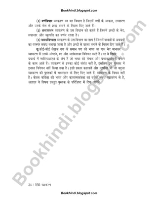 B
o
o
k
h
i
n
d
i
.
b
l
o
g
s
p
o
t
.
c
o
m
24 / fganh O;kdj.k
¼1½ o.kZfopkj O;kdj.k dk og foHkkx gS ftlesa o.kks± ds vkdkj] mPpkj.k
vkSj muds esy ls 'kCn cukus ds fu;e fn, tkrs gSaA
¼2½ 'kCnlkèku O;kdj.k ds ml foèkku dks dgrs gSa ftlesa 'kCnksa ds Hksn]
:ikUrj vkSj O;qRifÙk dk o.kZu jgrk gSA
¼3½ okD;foU;kl O;kdj.k ds ml foHkkx dk uke gS ftlesa okD;ksa ds vo;oksa
dk ijLij lacaèk crk;k tkrk gS vkSj 'kCnksa ls okD; cukus ds fu;e fn, tkrs gSaA
lw-dksbZ&dksbZ ys[kd x| ds leku i| dks Hkk"kk dk ,d Hksn ekudj
O;kdj.k esa mlds vaxNan] jl vkSj vyadkjdk foospu djrs gSaA ij ;s fo"k;
;FkkFkZ esa lkfgR;'kkL=k ds vax gSa tks Hkk"kk dks jkspd vkSj izHkko'kkfyuh cukus
ds dke vkrs gSaA O;kdj.k ls budk dksbZ lacaèk ugha gS] blfy, bl iqLrd esa
budk foospu ugha fd;k x;k gSA blh izdkj dgkorsa vkSj eqgkfojs Hkh tks cgqèkk
O;kdj.k dh iqLrdksa esa Hkk"kkKku ds fy, fn, tkrs gSa] O;kdj.k ds fo"k; ugha
gSaA dsoy dfork dh Hkk"kk vkSj dkO;Lora=krk dk ijks{k lacaèk O;kdj.k ls gS]
vr,o ;s fo"k; izLrqr iqLrd ds ifjf'k"V esa fn, tk;¡xsA
Bookhindi.blogspot.com
Bookhindi.blogspot.com
 