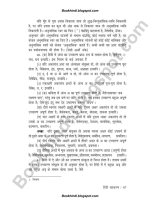 B
o
o
k
h
i
n
d
i
.
b
l
o
g
s
p
o
t
.
c
o
m
fganh O;kdj.k / 47
;fn eq¡g ls iwjk 'okl fudkyk tk; rks 'kq)fujuqukfldèofu fudyrh
gS] ij ;fn 'okl dk dqN Hkh va'k ukd ls fudkyk tk; rks vuqukfld èofu
fudyrh gSA vuqukfld Loj dk fpÌ ¼ ¡ ½ panzfcanq dgykrk gS( tSlsxk¡o] Å¡pkA
vuqLokj vkSj vuqukfld O;atuksa ds leku panzfcanq dksbZ Lora=k o.kZ ugha gS( og
dsoy vuqukfld Loj dk fpÌ gSA vuqukfld O;atuksa dks dksbZ dksbZ ukflD; vkSj
vuqukfld Lojksa dks dsoy ^vuqukfld* dgrs gSaA dHkh dHkh ;g 'kCn panzfcanq
dk i;kZ;okpd Hkh gksrk gSA ¼ns[kks 46ok¡ vad½
40- ¼d½ fganh esa vaR; dk mPpkj.k izk;% gy ds leku gksrk gS( tSlsxq.k]
jkr] èku bR;kfnA bl fu;e ds dbZ viokn gSa
¼1½ ;fn vdkjkar 'kCn dk vaR;k{kj la;qDr gks] rks vaR; dk mPpkj.k iwjk
gksrk gS( tSlslR;] banz] xq#Ro] lUu] èkeZ] v'kDr bR;kfnA
¼2½ b] bZ ok Å ds vkxs ; gks] rks vaR; v dk mPpkj.k iw.kZ gksrk gS(
tSlsfiz;] lh;] jktlw;] bR;kfnA
¼3½ ,dk{kjh vdkjkar 'kCnksa ds vaR; v dk mPpkj.k iwjkiwjk gksrk gS(
tSlsu] o] j] bR;kfnA
¼4½ ¼d½ dfork esa vaR; v dk iw.kZ mPpkj.k gksrk gS( tSls^lekpkj tc
y{e.k ik,*] ijarq tc bl o.kZ ij ;fr1
gksrh gS( rc bldk mPpkj.k cgqèkk viw.kZ
gksrk gS( tSls^dqan banq le nsg mekjeu d#.kk v;u*A
¼[k½ nh?kZ Lojkar =;{kjh 'kCnksa esa ;fn nwljk v{kj vdkjkar gks rks mldk
mPpkj.k viw.kZ gksrk gS( tSlscdjk] diM+s] djuk] cksyuk] rkuuk bR;kfnA
¼x½ pkj v{kjksa ds ÐLo Lojkar 'kCnksa esa ;fn nwljk v{kj vdkjkar gks rks
mlds v dk mPpkj.k viw.kZ gksrk gS( tSlsxM+cM+] nsoèku] ekufld] lqjyksd]
dke:i] cyghuA
viokn ;fn nwljk v{kj la;qDr gks vFkok igyk v{kj dksbZ milxZ gks
rks nwljs v{kj ds v dk mPpkj.k iw.kZ gksrk gS( tSlsiq=kykHk] èkeZghu] vkpj.k] izpfyrA
¼?k½ nh?kZ Lojkar pkj v{kjh 'kCnksa esa rhljs v{kj ds v dk mPpkj.k viw.kZ
gksrk gS( tSlsleuk] fudyuk] lqugjh] dpgjh] izcyrkA
¼³½ ;kSfxd 'kCnksa esa ewy vo;o ds vaR; v dk mPpkj.k vkèkk ¼viw.kZ½ gksrk
gS( tSlsnsoèku] lqjyksd] vUunkrk] lq[knk;d] 'khryrk] eueksgu] yM+diu bR;kfnA
41- fganh esa ,s vkSj vkS dk mPpkj.k laLÑr ls fHkUu gksrk gSA rRle 'kCnksa
esa budk mPpkj.k laLÑr ds gh vuqlkj gksrk gS( ij fganh esa ,s cgqèkk v;~ vkSj
vkS cgqèkk vo~ ds leku cksyk tkrk gS( tSls
1- foJke
Bookhindi.blogspot.com
Bookhindi.blogspot.com
 