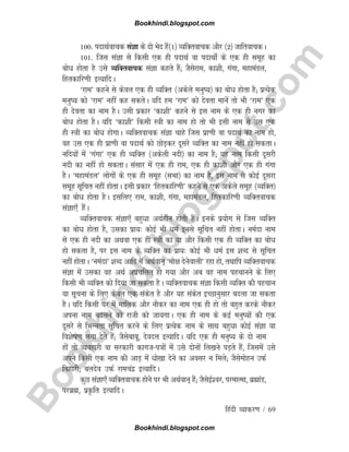 B
o
o
k
h
i
n
d
i
.
b
l
o
g
s
p
o
t
.
c
o
m
fganh O;kdj.k / 69
100- inkFkZokpd laKk ds nks Hksn gSa¼1½ O;fDrokpd vkSj ¼2½ tkfrokpdA
101- ftl laKk ls fdlh ,d gh inkFkZ ok inkFkks± ds ,d gh lewg dk
cksèk gksrk gS mls O;fDrokpd laKk dgrs gSa( tSlsjke] dk'kh] xaxk] egkeaMy]
fgrdkfj.kh bR;kfnA
^jke* dgus ls dsoy ,d gh O;fDr ¼vdsys euq;½ dk cksèk gksrk gS( izR;sd
euq; dks ^jke* ugha dg ldrsA ;fn ge ^jke* dks nsork ekusa rks Hkh ^jke* ,d
gh nsork dk uke gSA mlh izdkj ^dk'kh* dgus ls bl uke ds ,d gh uxj dk
cksèk gksrk gSA ;fn ^dk'kh* fdlh L=kh dk uke gks rks Hkh blh uke ls ml ,d
gh L=kh dk cksèk gksxkA O;fDrokpd laKk pkgs ftl izk.kh ok inkFkZ dk uke gks]
og ml ,d gh izk.kh ok inkFkZ dks NksM+dj nwljs O;fDr dk uke ugha gks ldrkA
ufn;ksa esa ^xaxk* ,d gh O;fDr ¼vdsyh unh½ dk uke gS( ;g uke fdlh nwljh
unh dk ugha gks ldrkA lalkj esa ,d gh jke] ,d gh dk'kh vkSj ,d gh xaxk
gSA ^egkeaMy* yksxksa ds ,d gh lewg ¼lHkk½ dk uke gS] bl uke ls dksbZ nwljk
lewg lwfpr ugha gksrkA blh izdkj ^fgrdkfj.kh* dgus ls ,d vdsys lewg ¼O;fDr½
dk cksèk gksrk gSA blfy, jke] dk'kh] xaxk] egkeaMy] fgrdkfj.kh O;fDrokpd
laKk,¡ gSaA
O;fDrokpd laKk,¡ cgqèkk vFkZghu gksrh gSaA buds iz;ksx ls ftl O;fDr
dk cksèk gksrk gS] mldk izk;% dksbZ Hkh èkeZ buls lwfpr ugha gksrkA ueZnk uke
ls ,d gh unh dk vFkok ,d gh L=kh dk ;k vkSj fdlh ,d gh O;fDr dk cksèk
gks ldrk gS] ij bl uke ds O;fDr dk izk;% dksbZ Hkh èkeZ bl 'kCn ls lwfpr
ugha gksrkA ^ueZnk* 'kCn vkfn esa vFkZoku~ ^eks{k nsusokyh* jgk gks] rFkkfi O;fDrokpd
laKk esa mldk og vFkZ vizpfyr gks x;k vkSj vc og uke igpkuus ds fy,
fdlh Hkh O;fDr dks fn;k tk ldrk gSA O;fDrokpd laKk fdlh O;fDr dh igpku
;k lwpuk ds fy, dsoy ,d ladsr gS vkSj ;g ladsr bPNkuqlkj cnyk tk ldrk
gSA ;fn fdlh ?kj esa ekfyd vkSj ukSdj dk uke ,d gh gks rks cgqr djds ukSdj
viuk uke cnyus dks jkth dks tk;xkA ,d gh uke ds dbZ euq;ksa dh ,d
nwljs ls fHkUurk lwfpr djus ds fy, izR;sd uke ds lkFk cgqèkk dksbZ laKk ;k
fo'ksk.k yxk nsrs gSa( tSlsckcw] nsonÙk bR;kfnA ;fn ,d gh euq; ds nks uke
gksa rks O;ogkjh ok ljdkjh dkxti=kksa esa mls nksuksa fy[kus iM+rs gSa] ftlesa mls
vius fdlh ,d uke dh vkM+ esa èkks[kk nsus dk volj u feys( tSlseksgu mQZ
fcgkjh( cynso mQZ jkepanz bR;kfnA
dqN laKk,¡ O;fDrokpd gksus ij Hkh vFkZoku~ gSa( tSlsbZ'oj] ijekRek] czãkaM]
ijczã] izÑfr bR;kfnA
Bookhindi.blogspot.com
Bookhindi.blogspot.com
 