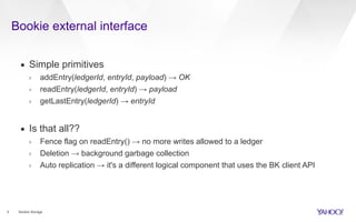 Bookie external interface
3
▪ Simple primitives
› addEntry(ledgerId, entryId, payload) → OK
› readEntry(ledgerId, entryId) → payload
› getLastEntry(ledgerId) → entryId
▪ Is that all??
› Fence flag on readEntry() → no more writes allowed to a ledger
› Deletion → background garbage collection
› Auto replication → it's a different logical component that uses the BK client API
Bookie Storage
 