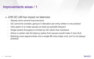 Improvements areas / 1
9
▪ JVM GC still has impact on latencies
› Already done several improvements
› GC cannot be avoided, going to 0 allocation per entry written is not practical
› Only option is to make pauses as least as possible frequent
› Single bookie throughput is limited by GC rather than hardware:
› Above a certain rate the latency spikes from pauses would make it miss SLA
› Batching more logical entries into a single BK entry helps a lot, but it’s not always
practical
Bookie Storage
 