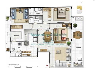Pavimento tipo - 101 a 501
Planta padrão
Área privativa
99,12 + 4,99 (sac.) + 17,86 (var.) = 121,97 m²
BS”D
 