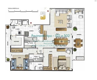 Pavimento tipo - 102 a 502
Opção de personalização: 2 suítes com lavabo
Área privativa
98,28 + 5,08 (sac.) + 17,76 (var.) = 121,12 m²
BS”D
 