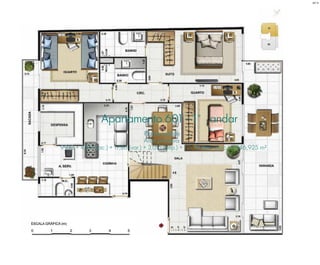 Apartamento 601 - 1° andar
Planta padrão
Área privativa
99,12 + 4,99 (sac.) + 17,86 (var.) + 3,015 (dep.) + 121,94 (terr. desc.) = 246,925 m²
BS”D
 