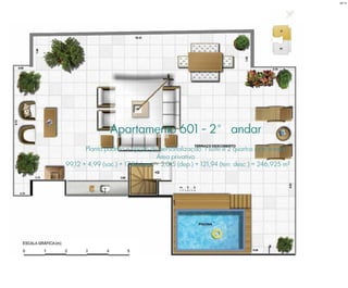 Apartamento 601 - 2° andar
Planta padrão e opção de personalização: 1 suíte e 2 quartos com lavabo
Área privativa
99,12 + 4,99 (sac.) + 17,86 (var.) + 3,015 (dep.) + 121,94 (terr. desc.) = 246,925 m²
BS”D
 