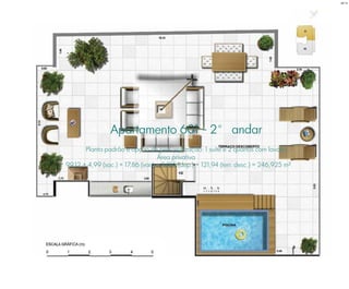 Apartamento 601 - 2° andar
Planta padrão e opção de personalização: 1 suíte e 2 quartos com lavabo
Área privativa
99,12 + 4,99 (sac.) + 17,86 (var.) + 3,015 (dep.) + 121,94 (terr. desc.) = 246,925 m²
BS”D
 