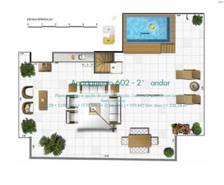 Apartamento 602 - 2° andar
Planta padrão e opção de personalização: 1 suíte e 2 quartos com lavabo
Área privativa
98,28 + 5,08 (sac.) + 17,76 (var.) + 3,015 (dep.) + 109,445 (terr. desc.) = 233,58 m²
BS”D
 