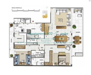 Apartamento 602 - 1° andar
Opção de personalização: 2 suítes com lavabo
Área privativa
98,28 + 5,08 (sac.) + 17,76 (var.) + 3,015 (dep.) + 109,445 (terr. desc.) = 233,58 m²
BS”D
 