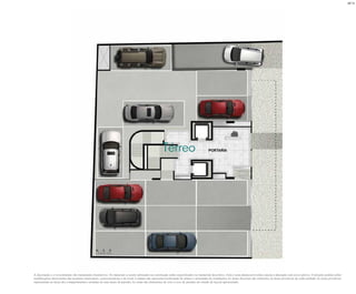 Térreo
BS”D
A decoração e o revestimento são meramente ilustrativos. Os materiais a serem utilizados na construção estão especificados no memorial descritivo. Esta é uma planta provisória sujeita à alteração sem aviso prévio. O projeto poderá sofrer
modificações decorrentes das posturas municipais, concessionárias e do local.A planta não apresenta localização de pilares e prumadas de instalações.As áreas descritas são referentes às áreas privativas de cada unidade.As áreas privativas
representam as áreas dos compartimentos somadas às suas áreas de paredes.As cotas são dimensões de eixo a eixo de paredes do estudo de layout apresentado.
 