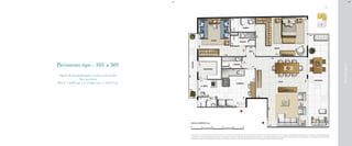 RuaIgarapava
Pavimento tipo - 101 a 501
Opção de personalização: 2 suítes com lavabo
Área privativa
99,12 + 4,99 (sac.) + 17,86 (var.) = 121,97 m²
BS”DBS”D
A decoração e o revestimento são meramente ilustrativos. Os materiais a serem utilizados na construção estão especificados no memorial descritivo. Esta é uma planta provisória sujeita à alteração sem aviso prévio. O projeto poderá sofrer
modificações decorrentes das posturas municipais, concessionárias e do local. A planta não apresenta localização de pilares e prumadas de instalações. As áreas descritas são referentes às áreas privativas de cada unidade. As áreas privativas
representam as áreas dos compartimentos somadas às suas áreas de paredes. As cotas são dimensões de eixo a eixo de paredes do estudo de layout apresentado.
 