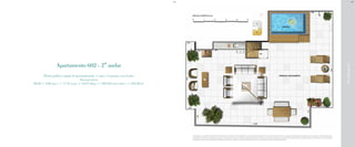 BS”D

BS”D

Rua Igarapava

Apartamento 602 - 2° andar
Planta padrão e opção de personalização: 1 suíte e 2 quartos com lavabo
Área privativa
98,28 + 5,08 (sac.) + 17,76 (var.) + 3,015 (dep.) + 109,445 (terr. desc.) = 233,58 m²

A decoração e o revestimento são meramente ilustrativos. Os materiais a serem utilizados na construção estão especificados no memorial descritivo. Esta é uma planta provisória sujeita à alteração sem aviso prévio. O projeto poderá sofrer
modificações decorrentes das posturas municipais, concessionárias e do local. A planta não apresenta localização de pilares e prumadas de instalações. As áreas descritas são referentes às áreas privativas de cada unidade. As áreas privativas
representam as áreas dos compartimentos somadas às suas áreas de paredes. As cotas são dimensões de eixo a eixo de paredes do estudo de layout apresentado.

 