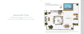 BS”D

BS”D

Rua Igarapava

Apartamento 602 - 2° andar
Planta padrão e opção de personalização: 1 suíte e 2 quartos com lavabo
Área privativa
98,28 + 5,08 (sac.) + 17,76 (var.) + 3,015 (dep.) + 109,445 (terr. desc.) = 233,58 m²

A decoração e o revestimento são meramente ilustrativos. Os materiais a serem utilizados na construção estão especificados no memorial descritivo. Esta é uma planta provisória sujeita à alteração sem aviso prévio. O projeto poderá sofrer
modificações decorrentes das posturas municipais, concessionárias e do local. A planta não apresenta localização de pilares e prumadas de instalações. As áreas descritas são referentes às áreas privativas de cada unidade. As áreas privativas
representam as áreas dos compartimentos somadas às suas áreas de paredes. As cotas são dimensões de eixo a eixo de paredes do estudo de layout apresentado.

 