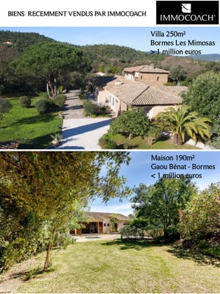 BIENS RECEMMENT VENDUS PAR IMMOCOACH
Villa 250m²
Bormes Les Mimosas
> 1 million euros
Maison 190m²
Gaou Bénat - Bormes
< 1 million euros
 