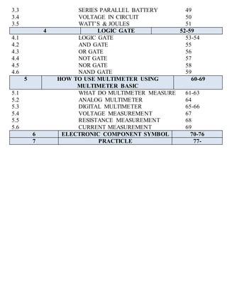 3.3 SERIES PARALLEL BATTERY 49
3.4 VOLTAGE IN CIRCUIT 50
3.5 WATT’S & JOULES 51
4 LOGIC GATE 52-59
4.1 LOGIC GATE 53-54
4.2 AND GATE 55
4.3 OR GATE 56
4.4 NOT GATE 57
4.5 NOR GATE 58
4.6 NAND GATE 59
5 HOW TO USE MULTIMETER USING
MULTIMETER BASIC
60-69
5.1 WHAT DO MULTIMETER MEASURE 61-63
5.2 ANALOG MULTIMETER 64
5.3 DIGITAL MULTIMETER 65-66
5.4 VOLTAGE MEASUREMENT 67
5.5 RESISTANCE MEASUREMENT 68
5.6 CURRENT MEASUREMENT 69
6 ELECTRONIC COMPONENT SYMBOL 70-76
7 PRACTICLE 77-
 
