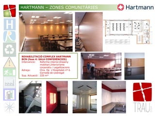 REHABILITACIÓ COMPLEX HARTMANN
BCN (fase 4: SALA CONFERÈNCIES)
Intervenció: Reforma interior,Disseny
mobiliari,Interiorisme
corporatiu i Legalitzacions
Adreça: Ctra. De L’Hospitalet nº 6
Cornellà de Llobregat
Sup. Actuació: 220 m²
HARTMANN – ZONES COMUNITÀRIES
 