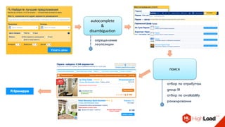 поиск
отбор по атрибутам
group fit
отбор по availability
ранжирование
autocomplete
&
disambiguation
определение
геопозиции
 