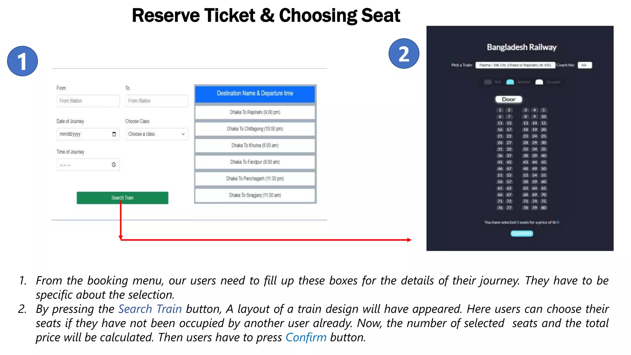 1. From the booking menu, our users need to fill up these boxes for the details of their journey. They have to be
specific about the selection.
2. By pressing the Search Train button, A layout of a train design will have appeared. Here users can choose their
seats if they have not been occupied by another user already. Now, the number of selected seats and the total
price will be calculated. Then users have to press Confirm button.
1 2
Reserve Ticket & Choosing Seat
 