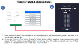 1. From the booking menu, our users need to fill up these boxes for the details of their journey. They have to be
specific about the selection.
2. By pressing the Search Train button, A layout of a train design will have appeared. Here users can choose their
seats if they have not been occupied by another user already. Now, the number of selected seats and the total
price will be calculated. Then users have to press Confirm button.
1 2
Reserve Ticket & Choosing Seat
 