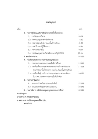 สารบัญ (ต่อ)

เรื่อง                                                                       หน้า
       5. งานการจัดระบบบริหารสํานักงานเขตพื้นที่การศึกษา
             5.1 งานจัดระบบบริหาร                                            69-74
             5.2 งานพัฒนาคุณภาพการให้บริการ                                  75-80
             5.3 งานมาตรฐานสํานักงานเขตพื้นที่การศึกษา                       81-86
             5.4 งานคํารับรองปฏิบัติราชการ                                   87-91
             5.5 งานควบคุมภายใน                                              92-97
             5.6 งานพัฒนาคุณภาพบริหารจัดการภาครัฐ(PMQA)                      98-106
       6. งานประสานงาน                                                      107-111
       7. งานเลือกและสรรหากรรมการและอนุกรรมการ
             7.1 งานสรรหาคณะกรรมการเขตพื้นที่การศึกษา                       112-116
             7.2 งานเลือกตั้งและสรรหาคณะอนุกรรมการข้าราชการครูและ           117-123
                   บุคลากรเขตพื้นที่การศึกษา ในอ.ก.ค.ศ.เขตพื้นที่การศึกษา
             7.3 งานเลือกตั้งผู้แทนข้าราชการครูและบุคลากรทางการศึกษา        124-126
                   ใน ก.ค.ศ. และคณะกรรมการอื่นที่เกี่ยวข้อง
       8. งานประชาสัมพันธ์
             8.1 งานการสร้างเครือข่ายประชาสัมพันธ์                          127-133
             8.2 งานเผยแพร่ข้อมูลข่าวสารและผลงาน                            134-141
       9. งานสวัสดิการ สวัสดิภาพครูและบุคลากรทางการศึกษา                    142-145
บรรณานุกรม
ภาคผนวก ก. การวิเคราะห์งาน
ภาคผนวก ข. ระเบียบกฎหมายที่เกี่ยวข้อง
       คณะทํางาน
 