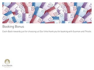 Booking Bonus
Cash-Back rewards just for choosing us! Our little thank you for booking with Guoman and Thistle.
Click here to enter
< > x
 
