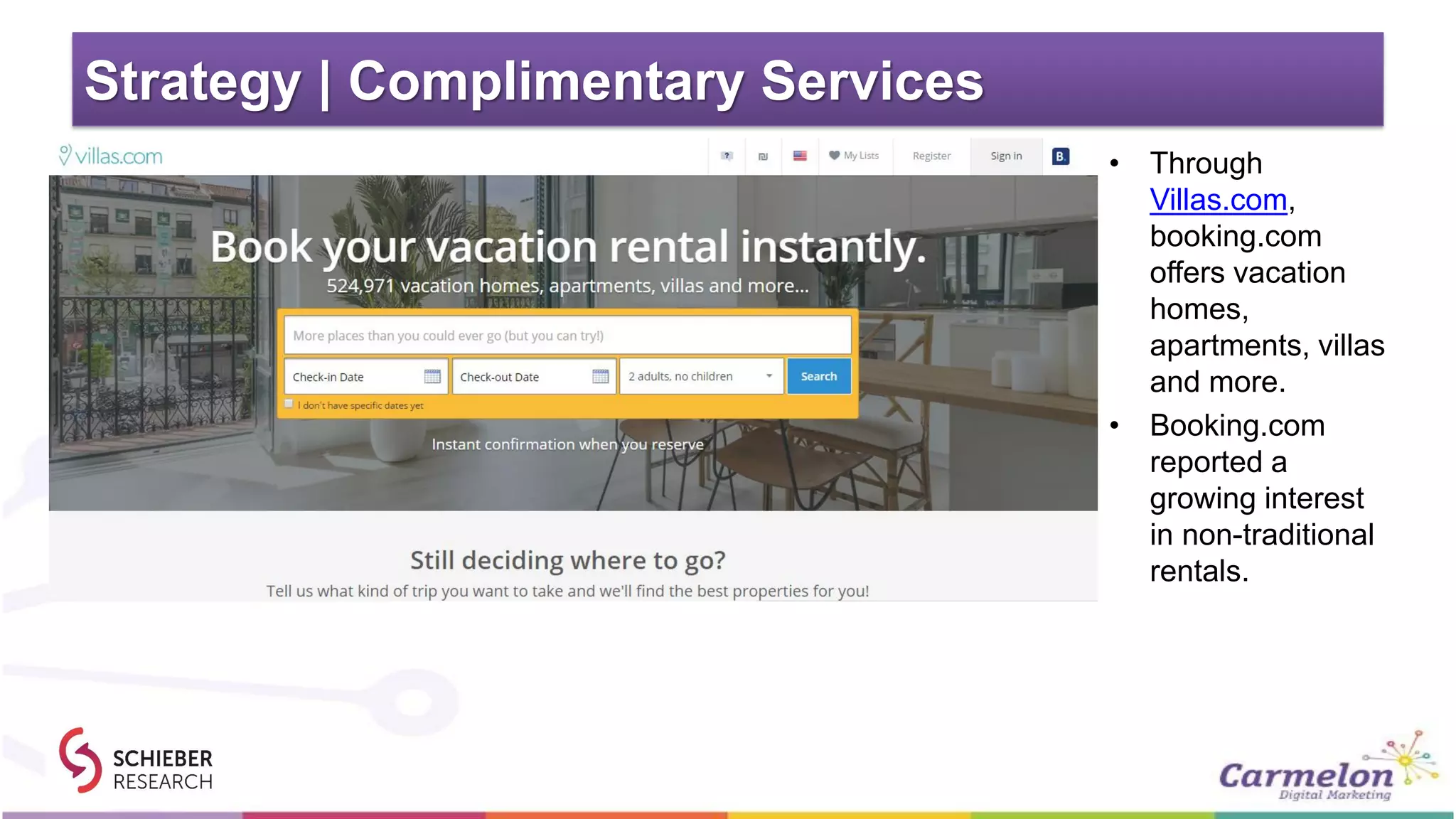 Strategy | Complimentary Services
• Through
Villas.com,
booking.com
offers vacation
homes,
apartments, villas
and more.
• Booking.com
reported a
growing interest
in non-traditional
rentals.
 