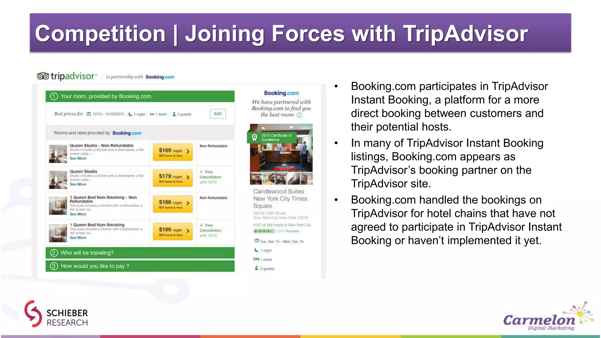 Competition | Joining Forces with TripAdvisor
• Booking.com participates in TripAdvisor
Instant Booking, a platform for a more
direct booking between customers and
their potential hosts.
• In many of TripAdvisor Instant Booking
listings, Booking.com appears as
TripAdvisor’s booking partner on the
TripAdvisor site.
• Booking.com handled the bookings on
TripAdvisor for hotel chains that have not
agreed to participate in TripAdvisor Instant
Booking or haven’t implemented it yet.
 