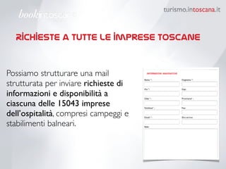 Richieste a tutte le imprese toscane
Possiamo strutturare una mail
strutturata per inviare richieste di
informazioni e disponibilità a
ciascuna delle 15043 imprese
dell’ospitalità, compresi campeggi e
stabilimenti balneari.
 