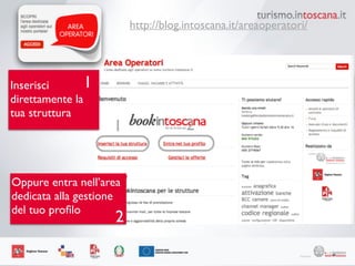 46
http://blog.intoscana.it/areaoperatori/
Inserisci
direttamente la
tua struttura
1
2
1 2
Oppure entra nell’area 	

dedicata alla gestione 	

del tuo proﬁlo
 
