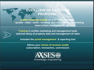 arcRes bookings   engine  on your property pages  quotes - rates - room - booking options – database marketing reservations management  Training  in arcRes marketing and management tools optional setup of property data and management of rates Includes the  portal management   & reporting tool Allows your  choice of revenue model subscription, transaction, commission knowledge engineering OVERVIEW OF EXISTING PROPOSAL  
