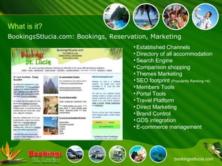 bookingsstlucia.com What is it? BookingsStlucia.com: Bookings, Reservation, Marketing <ul><li>Established Channels </li></...