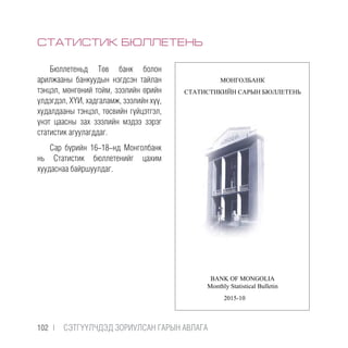 СТАТИСТИК БЮЛЛЕТЕНЬ
Бюллетеньд Төв банк болон
арилжааны банкуудын нэгдсэн тайлан
тэнцэл, мөнгөний тойм, зээлийн өрийн
үлдэгдэл, ХҮИ, хадгаламж, зээлийн хүү,
худалдааны тэнцэл, төсвийн гүйцэтгэл,
үнэт цаасны зах зээлийн мэдээ зэрэг
статистик агуулагддаг.
Сар бүрийн 16-18-нд Монголбанк
нь Статистик бюллетенийг цахим
хуудаснаа байршуулдаг.
19
29
38
41
43
45
47
2015-10
СТАТИСТИКИЙН САРЫН БЮЛЛЕТЕНЬ
МОНГОЛБАНК
BANK OF MONGOLIA
Monthly Statistical Bulletin
102 |  CЭТГҮҮЛЧДЭД ЗОРИУЛСАН ГАРЫН АВЛАГА
 