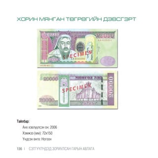ХОРИН МЯНГАН ТӨГРӨГИЙН ДЭВСГЭРТ
Тайлбар:
Анх хэвлүүлсэн он: 2006
Хэмжээ (мм): 72х150
Үндсэн өнгө: Ногоон
136 |  CЭТГҮҮЛЧДЭД ЗОРИУЛСАН ГАРЫН АВЛАГА
 