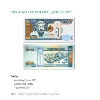Тайлбар:
Анх хэвлүүлсэн он: 1993
Хэмжээ (мм): 72х150
Үндсэн өнгө: Хөх
МЯНГАН ТӨГРӨГИЙН ДЭВСГЭРТ
142 |  CЭТГҮҮЛЧДЭД ЗОРИУЛСАН ГАРЫН АВЛАГА
 
