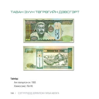 Тайлбар:
Анх хэвлүүлсэн он: 1993
Хэмжээ (мм): 70х145
ТАВАН ЗУУН ТӨГРӨГИЙН ДЭВСГЭРТ
144 |  CЭТГҮҮЛЧДЭД ЗОРИУЛСАН ГАРЫН АВЛАГА
 