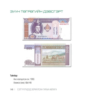 Тайлбар:
Анх хэвлүүлсэн он: 1993
Хэмжээ (мм): 68х140
ЗУУН ТӨГРӨГИЙН ДЭВСГЭРТ
146 |  CЭТГҮҮЛЧДЭД ЗОРИУЛСАН ГАРЫН АВЛАГА
 