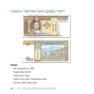 Тайлбар:
Анх хэвлүүлсэн он: 1993
Хэмжээ (мм): 66х135
Үндсэн өнгө: Хүрэн
Нүүрэн талын зураг: Сүхбаатарын хөрөг
Ар талын зураг: Адуун сүрэг
ТАВИН ТӨГРӨГИЙН ДЭВСГЭРТ
148 |  CЭТГҮҮЛЧДЭД ЗОРИУЛСАН ГАРЫН АВЛАГА
 