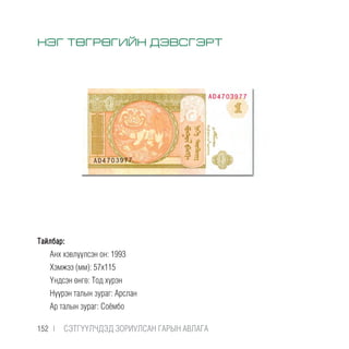 Тайлбар:
Анх хэвлүүлсэн он: 1993
Хэмжээ (мм): 57х115
Үндсэн өнгө: Тод хүрэн
Нүүрэн талын зураг: Арслан
Ар талын зураг: Соёмбо
НЭГ ТӨГРӨГИЙН ДЭВСГЭРТ
152 |  CЭТГҮҮЛЧДЭД ЗОРИУЛСАН ГАРЫН АВЛАГА
 