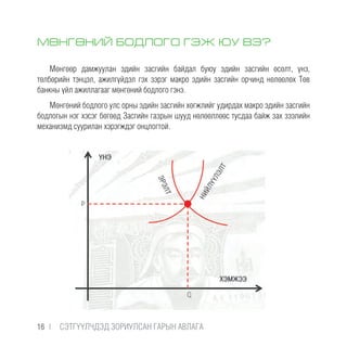 МӨНГӨНИЙ БОДЛОГО ГЭЖ ЮУ ВЭ?
Мөнгөөр дамжуулан эдийн засгийн байдал буюу эдийн засгийн өсөлт, үнэ,
төлбөрийн тэнцэл, ажилгүйдэл гэх зэрэг макро эдийн засгийн орчинд нөлөөлөх Төв
банкны үйл ажиллагааг мөнгөний бодлого гэнэ.
Мөнгөний бодлого улс орны эдийн засгийн хөгжлийг удирдах макро эдийн засгийн
бодлогын нэг хэсэг бөгөөд Засгийн газрын шууд нөлөөллөөс тусдаа байж зах зээлийн
механизмд суурилан хэрэгждэг онцлогтой.
16 |  CЭТГҮҮЛЧДЭД ЗОРИУЛСАН ГАРЫН АВЛАГА
 