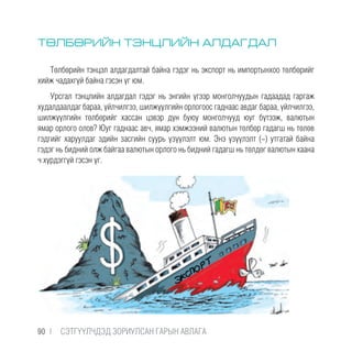 ТӨЛБӨРИЙН ТЭНЦЛИЙН АЛДАГДАЛ
Төлбөрийн тэнцэл алдагдалтай байна гэдэг нь экспорт нь импортынхоо төлбөрийг
хийж чадахгүй байна гэсэн үг юм.
Урсгал тэнцлийн алдагдал гэдэг нь энгийн үгээр монголчуудын гадаадад гаргаж
худалдаалдаг бараа, үйлчилгээ, шилжүүлгийн орлогоос гаднаас авдаг бараа, үйлчилгээ,
шилжүүлгийн төлбөрийг хассан цэвэр дүн буюу монголчууд юуг бүтээж, валютын
ямар орлого олов? Юуг гаднаас авч, ямар хэмжээний валютын төлбөр гадагш нь төлөв
гэдгийг харуулдаг эдийн засгийн суурь үзүүлэлт юм. Энэ үзүүлэлт (-) утгатай байна
гэдэг нь бидний олж байгаа валютын орлого нь бидний гадагш нь төлдөг валютын хаана
ч хүрдэггүй гэсэн үг.
90 |  CЭТГҮҮЛЧДЭД ЗОРИУЛСАН ГАРЫН АВЛАГА
 