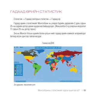 ГАДААД ӨРИЙН СТАТИСТИК
Статистик -> Гадаад секторын статистик -> Гадаад өр
Гадаад өрийн статистикийг Монголбанк нь улирал бүрийн дараагийн 2 дахь сарын
25-ны өдрийн дотор цахим хуудаснаа байршуулдаг. (Жишээлбэл 3-р улирлын мэдээлэл
11 сарын 25-ны дотор гарна.)
Энэ нь Монгол Улсын хувийн болон улсын нийт гадаад өрийн хэмжээг илэрхийлдэг
бөгөөд өссөн дүнгээр тайлагнагддаг.
Гадаад өр/ДНБ
Эх сурвалж: mecometer.com
Монголбанкны статистикийг хэрхэн ашиглах вэ?  |  99
 